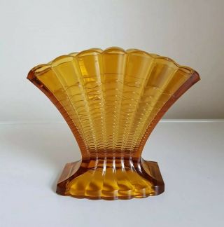 Art Deco Davidson Amber Presses Glass Geometric Fan Vase 1930’s Scalloped Rim