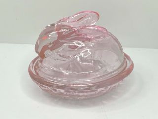 Vintage Indiana Glass Pink Bunny On Nest Rabbit Candy Dish Easter