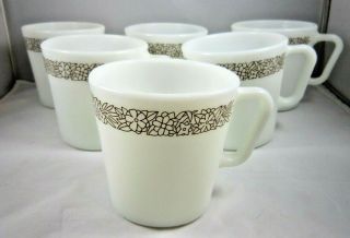 Set Of 6 Vintage Pyrex Coffee Cups Mugs Woodland 1410 D Handle Opal White Brown