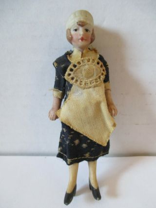 Antique German Bisque Dollhouse Maid Doll Jointed W/ Dress 3 3/4 " Tall