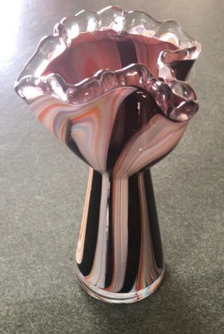 Lefton Japan Hand Blown Art Glass Small Vase Purple Orange Ruffle Silvercrest Ex