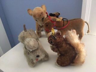 4 Perfectly Imperfect Steiff Animals With Id: Poodle,  Goat,  Donkey & Squirrel