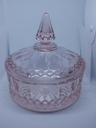 Pink Pressed Glass Candy Jar With Lid.  6 " Wide And 6 " Tall