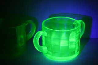 Anchor Hocking Block Optic Green Uranium Glass Creamer Sugar Heavy Fluorescense 2