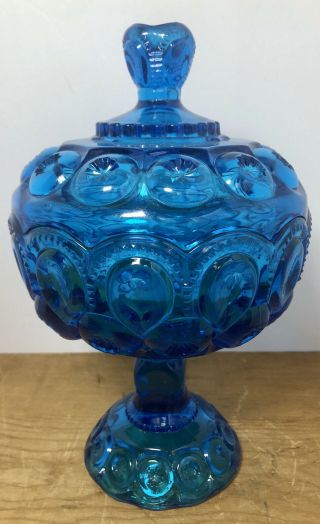 Le Smith Moon And Stars Vivid Blue Pedestal Compote Glass Dish 10” Tall
