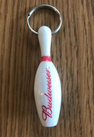 Vintage Budweiser Bottle Opener Keychain Key Ring Plastic White Red Beer Bowling