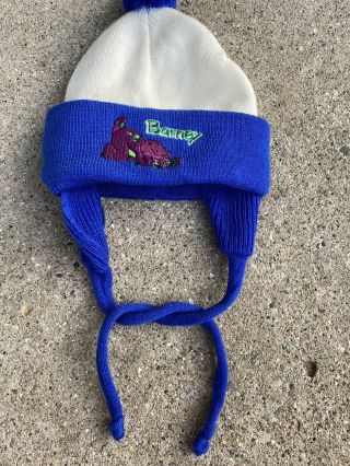 Vtg Barney Purple Dinosaur Winter Knit Pom Hat Stocking Cap Beanie Green Youth