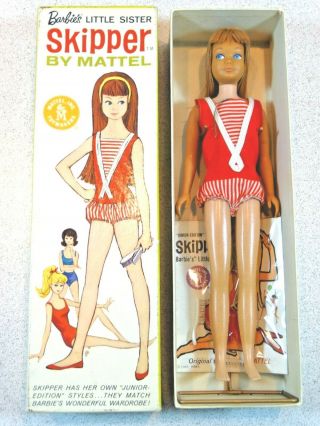 Barbie: Vintage Brunette Straight Leg Skipper Doll W/box & Oxidized Hair