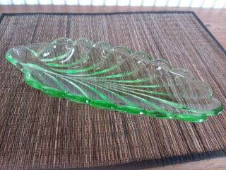 Vintage 30s Art Deco Bagley Green Uranium Glass Leaf Cucumber Dish 13 