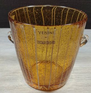 Vtg Venini Disaronno Hand Blown Murano Venetian Art Glass Amber White Ice Bucket