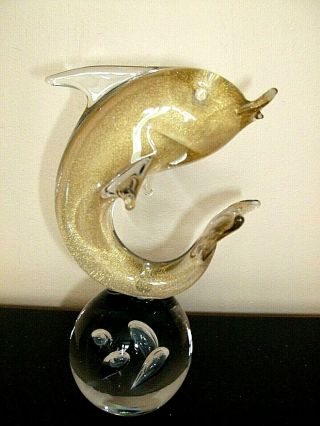 Vintage Murano Gold Speckled Glass Dolphin Paperweight.