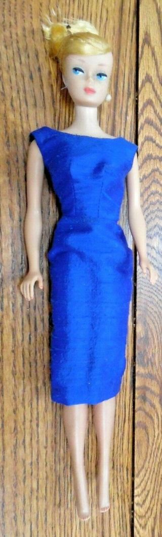 Vintage Barbie Doll Blonde Hair In Bun Straight Legs 1982 Long Blue Dress
