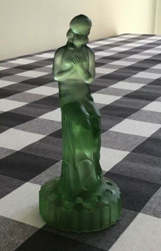 Sowerby Art Deco Frosted Green Glass Nude Lady Figurine,  6” In Height.