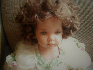 Rustie/donna Rubert Porcelain Doll 26 " Seated,  Green Eyes And Brown Curls.