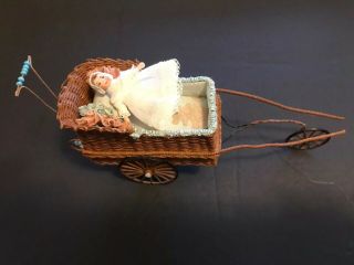 Miniature Vintage Wicker Basket Baby Doll Carriage Buggy Stroller.  Artist Tillie