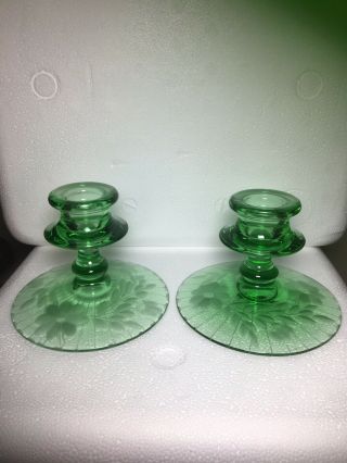 Vintage Depression Glass Green Candle Holders W/ Etched Flowers 3 " Tall X 4.  5 " W