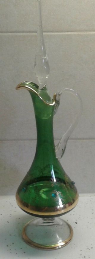 Vintage Bohemian Czech Green With Gold 5 Jewels Cruet With Stopper