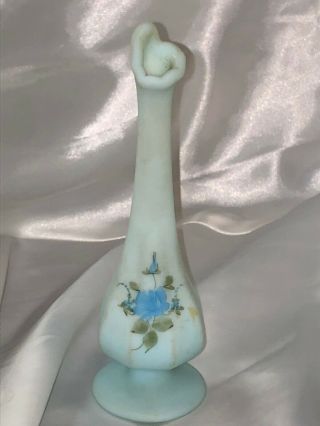 Vintage Fenton Blue Satin Custard Bud Vase Hand Painted Signed 8”