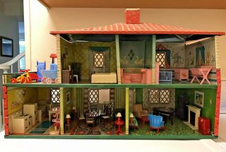 Vintage T.  Cohn Tin Litho Metal Dollhouse Spanish Tile (furniture not) 3