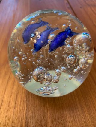 Controlled Bubble Glass Art Paperweight Large Globe With Blue Dolphins Vintage
