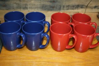 Set Of 8 Corelle Coordinates Stoneware Coffee Mugs Cups Dark Blue & Red