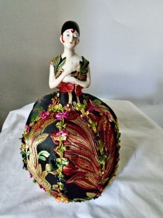 Antique German Porcelain Pierrot Hertwig Half Doll Pincushion Vintage Textile 3