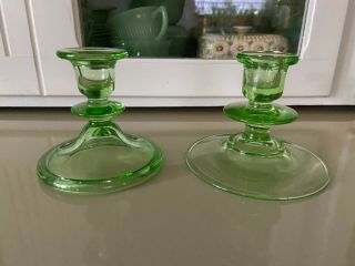 Set Of 2 Vintage Depression Era Green Glass Candle Holders For Candlesticks