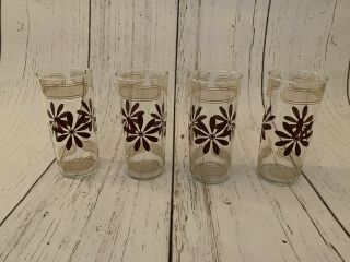Vintage Set Of 4 Brown Daisy Glasses Tumblers - Unmarked Flower Power 60’s - 80’s