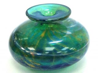 Mdina Art Glass Bud Vase Paperweight Vintage Green Blue Swirls & Orange Speckles
