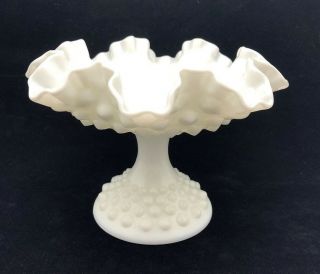 Vintage Fenton Hobnail White Milk Glass Compote Pedestal Dish Ruffle Edge