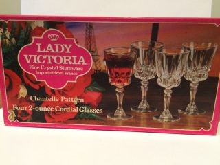 Lady Victoria Fine Crystal Stemware 2 Oz Cordial Glasses Chantelle Pattern - Nib