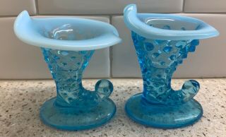 Vintage Fenton Hobnail Turquoise Opalescent Cornucopia Small Vases Set Of 2