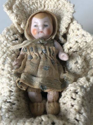 Antique German 2 3/4” Bisque Bye Lo (?) Baby Doll Marked C7 With Wood Cradle