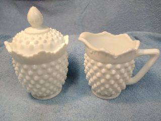 Vintage Hobnail Milk Glass Cream And Sugar Bowl Set.