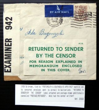 Gb 1943 Return To Sender Censor Cover As Described Cx754