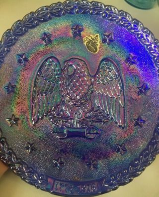 Fenton Blue Carnival Glass Bicentennial Eagle 8” Plate 1776 - 1976 With Label