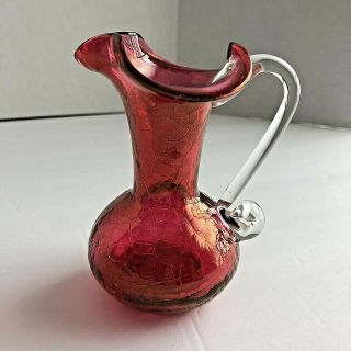 Ruby Red Crackle Glass Pitcher Hand Blown 4 1/2 Inches Tall Applied Handle 1950s