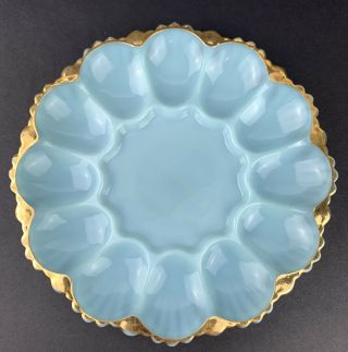 Vintage Fire King Delphite Blue Milk Glass Deviled Egg Plate With Gold Trim
