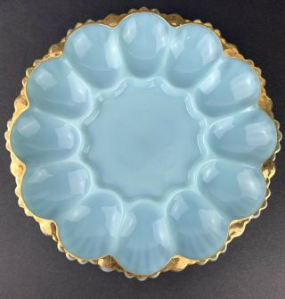 Vintage Fire King Delphite Blue Milk Glass Deviled Egg Plate with Gold Trim 2