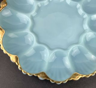Vintage Fire King Delphite Blue Milk Glass Deviled Egg Plate with Gold Trim 3