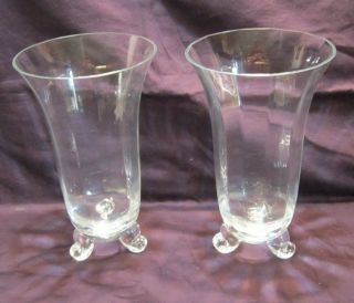2 Vintage 8 1/2 " Art Deco Crystal Clear Glass Applied Foot Vase Vases Mm18
