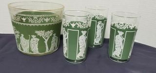 Vintage Jeanette Hellenic Wedgwood Green Jasperware Ice Bucket With Juice Glass