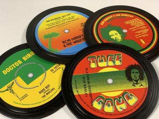 Bob Marley.  4 Vinyl Record Label Coasters.  Natty Dread.  No Woman No Cry.  Reggae