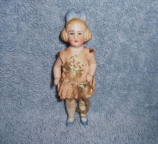 Sweet Antique German Bisque Dollhouse Doll Molded Bow & Braided Hair Side Buns