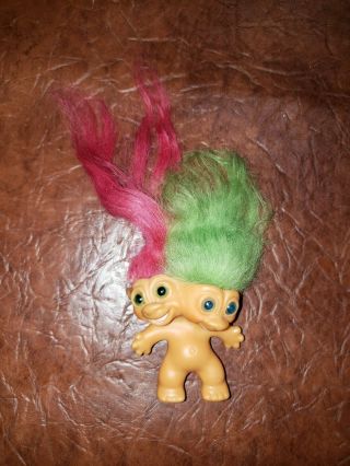 Vintage 1965 Uneeda 3 “ Two Headed Troll Doll,  Pink & Green Hair