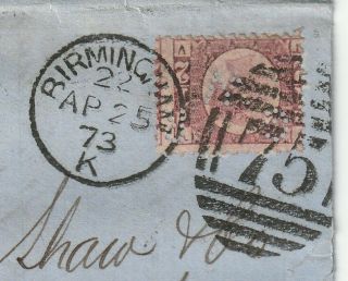 1873 1/2d Bantam Pl 5 R Wedgwood & Co.  Perfin Letter Nails Birmingham W 