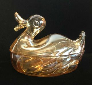 Vintage Jeanette Marigold Iridescent Carnival Glass Duck Candy Dish C44