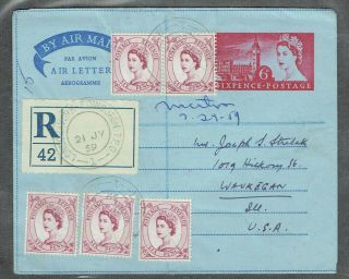 Gb 1959 London - York - Edinburgh Tpo Postmarks On Regd Airletter To Usa