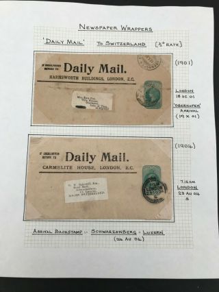 Postal History Gb Qv & Kevii Wrappers From The Daily Mail To Switzerland 1901/4