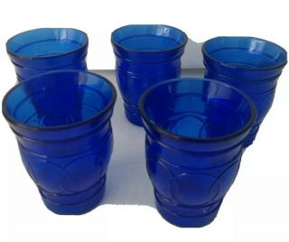 Cobalt Blue Juice Vintage Glasses Set 5 Blue Glasses Interlocking Circles Design